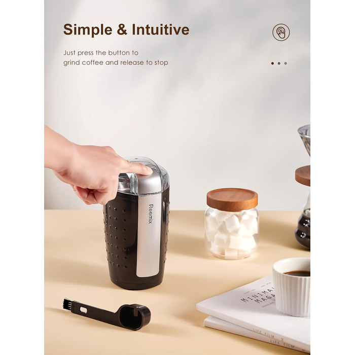 Електрична кавомолка Reemix, 100г, 2-в-1 (кава та спеції), з нержавіючої сталі, тиха, з щіткою та ложкою, чорна