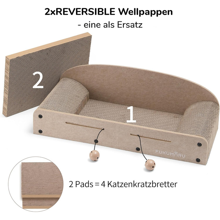 Cat Scratch Board, 66CM Durable Scratch Cardboard and Felt, Large Lounger, 2 Reversible Cat Scratch Pads for Cats, Recyclable Cardboard Cat Bed with Bell Ball Toy, Caramel Color (Large Format Beige)