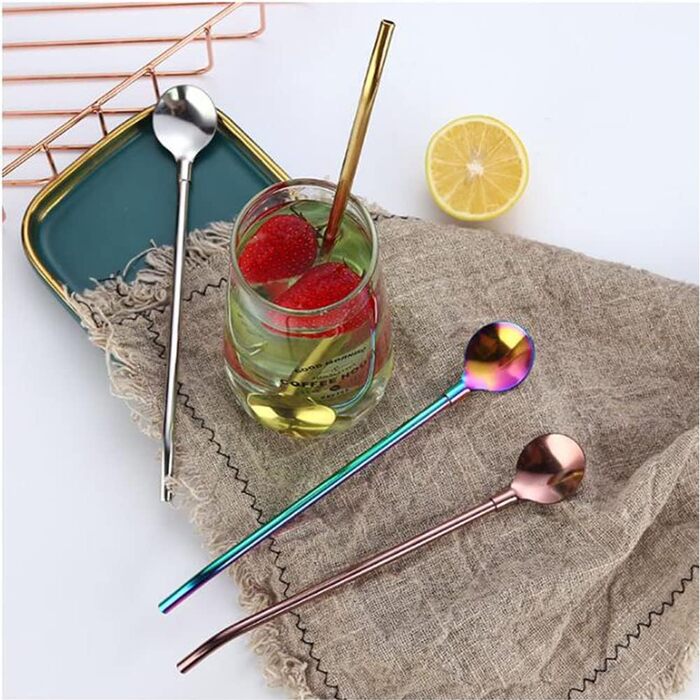 Багаторазові трубочки з нержавіючої сталі та ложки, набір 4 шт. з щіткою для чищення. Ідеально для кави, молочних коктейлів, смузі.