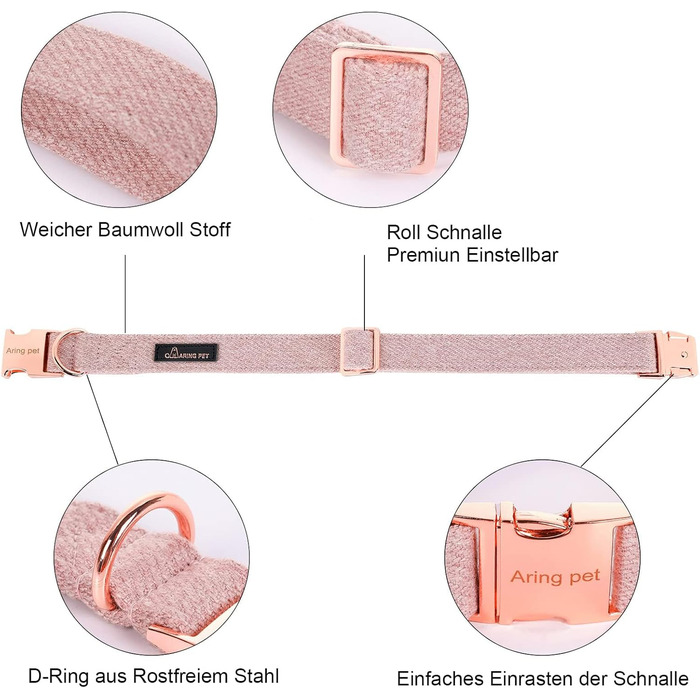 Нашийник для собак дівчаток Aring Pet: бавовняний, з бантиком, регульований, рожевий (M)