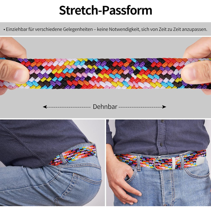 Тканинний ремінь TANGCHAO: еластичний плетений ремінь для жінок та чоловіків, ширина 3.3 см, довжина 90-135 см (білий, багатокольоровий, 120 см)