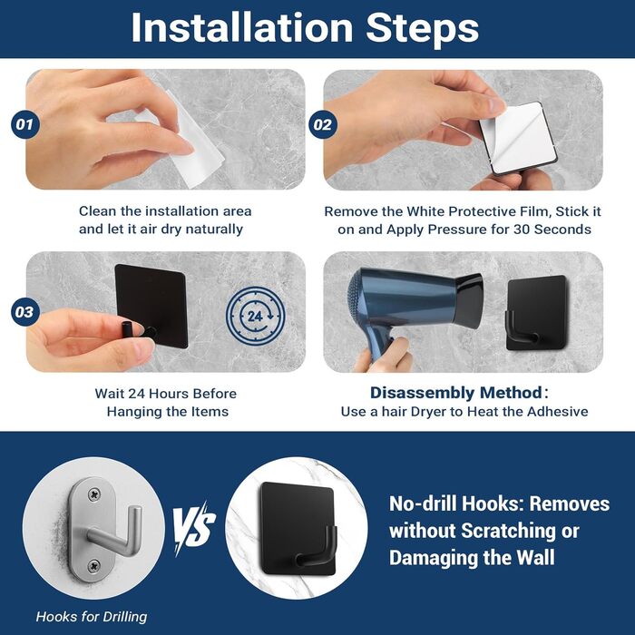 Набір гачків для рушників без свердління, 6 шт. з нержавіючої сталі, самоклеючі, до 10 кг, для ванної кімнати та кухні