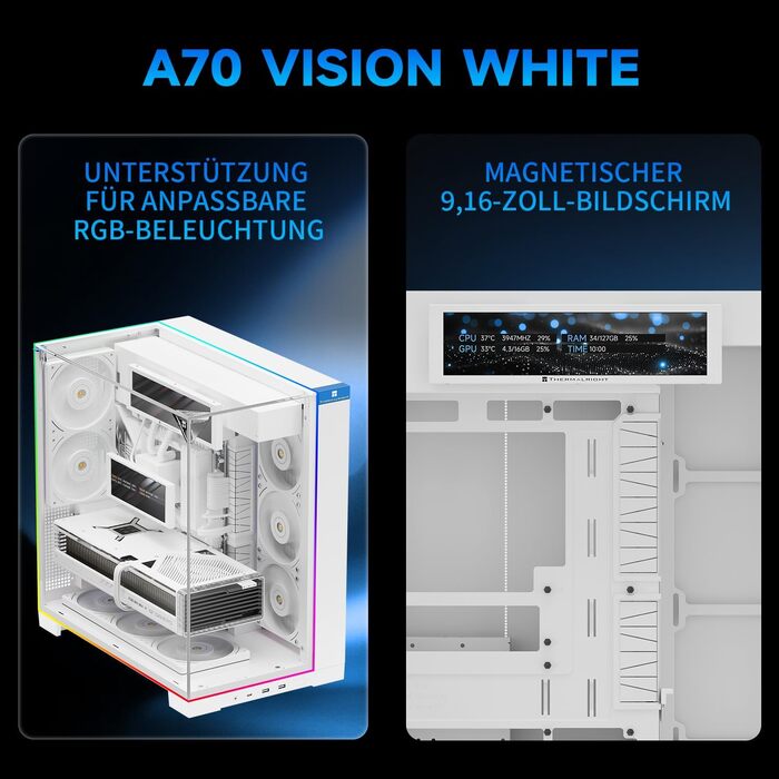 Ігровий корпус Thermalright A70 VISION White ATX з LCD-дисплеєм 9.16'', панорамною підсвіткою та підтримкою 8 вентиляторів