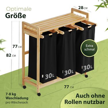 AMBIAVO® Laundry Basket with 3 Compartments and Wheels [black, 100% cotton, bamboo, 90 l volume] | Laundry Collector for dirty laundry | Laundry sorting system | Laundry sorter wood | Laundry box | laundry baskets