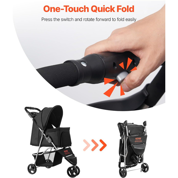 VEVOR 3-Wheel Pet Stroller - Dog & Cat Buggy, 16kg Capacity, Foldable with Cup Holders & Brakes