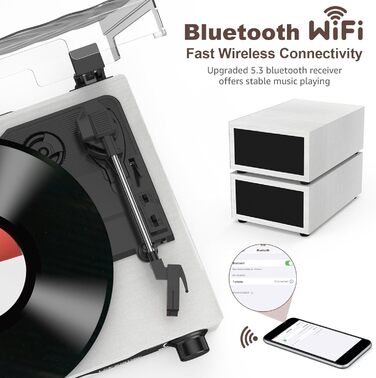 Вініловий програвач Udreamer з Bluetooth 5.3 та динаміками (білий) - підтримка 3 швидкостей, AUX, RCA, USB