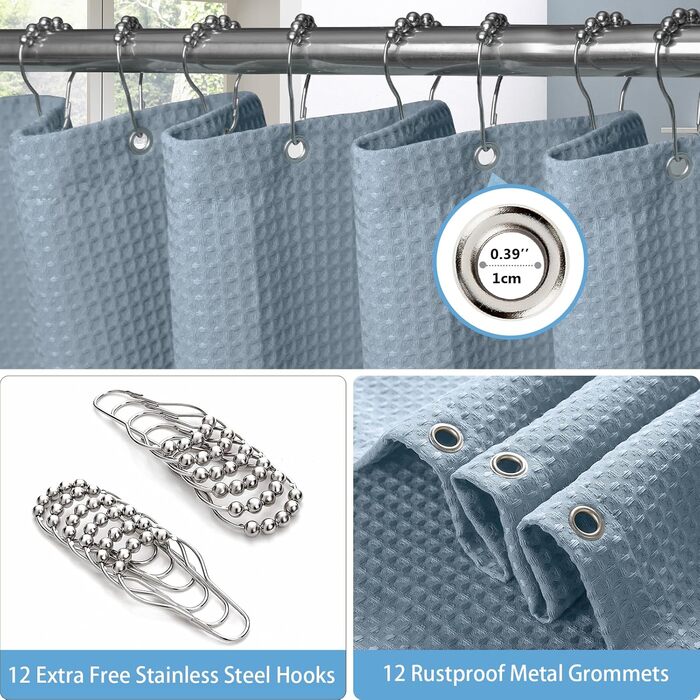 Штора для ванної кімнати Waffel з кільцями, 182x182 см, біла (вафельний малюнок, блакитний місячне світло), водовідштовхувальна, антигрибкова