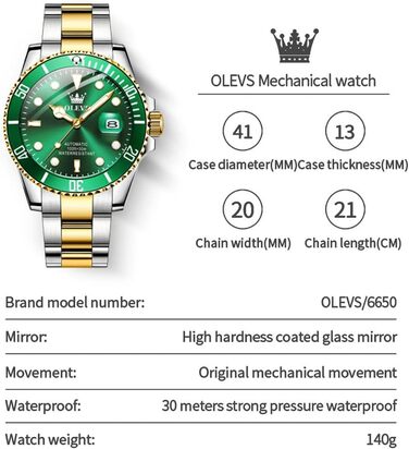 Чоловічий механічний годинник OLEVS з автопідзаводом, водонепроникний, скелетон (двоколірний зелений)