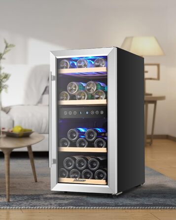 Kalamera 33-Bottle Wine Refrigerator with Dual Zone Cooling, Stainless Steel Door, 100 Liter Capacity