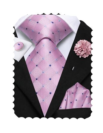 Чоловіча краватка Hi-Tie чорно-рожевого кольору з візерунком пає, смужки, крапки. Комплект з краватки та нагрудного хустинки. Ідеально для вечірок, весіль, офіційних заходів та бізнесу.