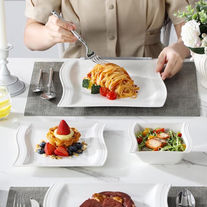 MALACASA Flora Marble Porcelain Dinnerware Set - 30 Piece Combination Set with Coffee Cups, Saucers, Dessert Plates, Soup Plates & Dinner Plates (White)