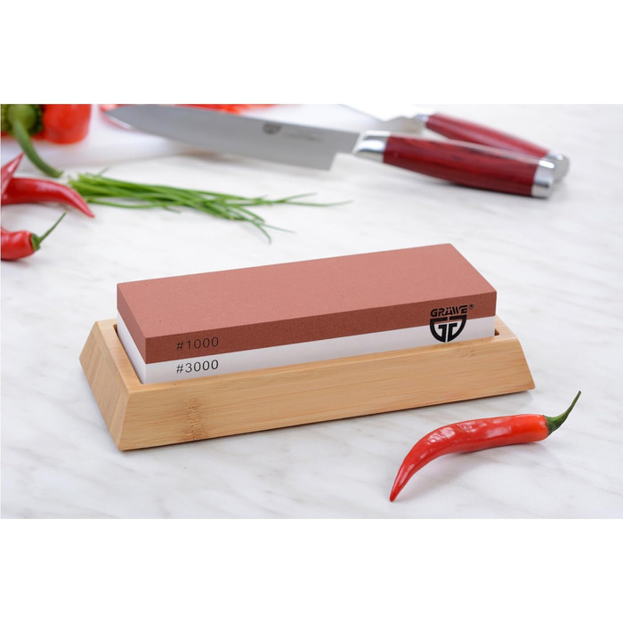 Шліфувальний камінь для кухонних ножів Gräwe Sharphome, кордіт, 1000/3000, з бамбуковою підставкою