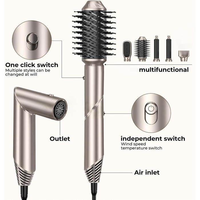 Airstyler 5 в 1: Фен-щітка, плойка для локонів, випрямляч волосся, чорний (Platin-gold)