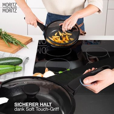 Сковорода Moritz & Moritz 26 см з кришкою, чорна, з антипригарним покриттям та Soft-Touch ручкою - для смаження, тушкування та приготування на пару. Підходить для всіх типів плит.