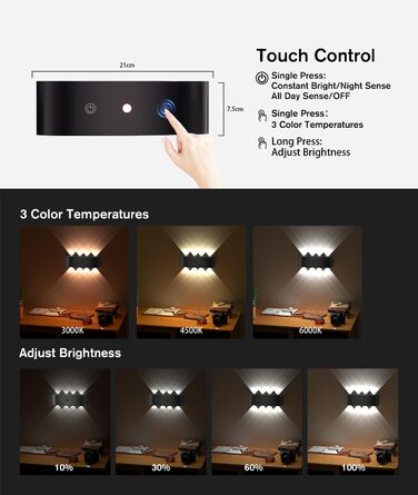 LED-стінні світильники на батарейках YrgePowk з датчиком руху, 6000mAh, 3 кольори, USB-зарядка, 2 шт. (білий/чорний)