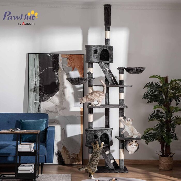 PawHut Декількаторівневий котячий комплекс з дзеркалом, гамаком, когтеточками, платформами, 240-260 см, сірий