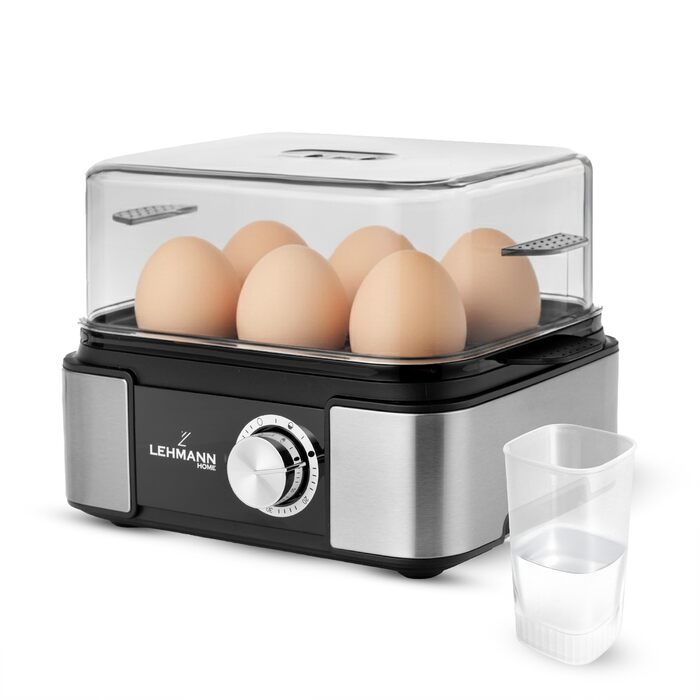 Яйцеварка Lehmann з нержавіючої сталі на 6 яєць - з регулюванням ступеня готовності та звуковим сигналом. 5 програм для ідеальних яєць, мірна склянка та знімач яєць. Сімейна версія.