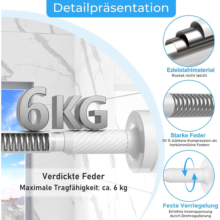 Штанга для карнизів AIZESI без свердління, 100-230 см, Ø 25 мм, телескопічна, для кріплення - регульована штанга для вікон, душу, балкону (білий, 81-158 см)