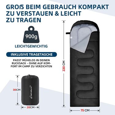 Спальний мішок Clostnature для кемпінгу та подорожей: легкий, компактний, 3 сезони, чорний (0.9 кг)