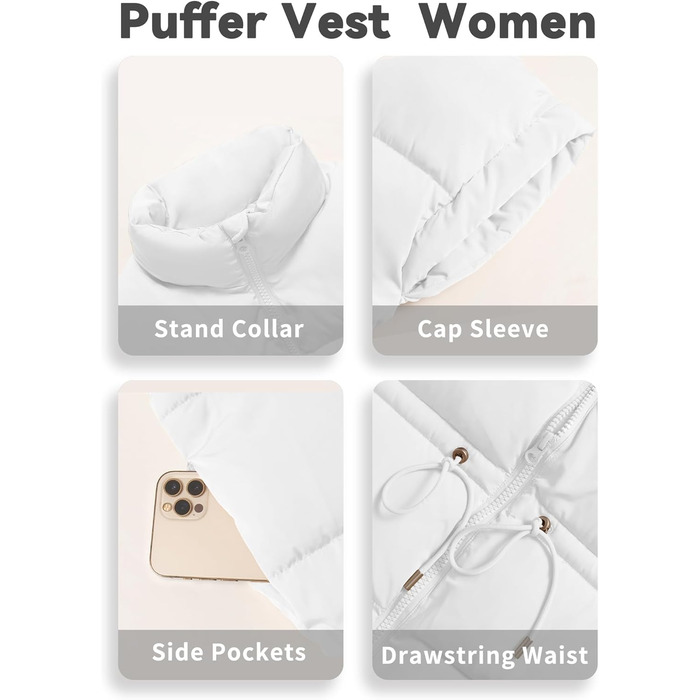 Жіночий великий пуховик ELLEVEN з капюшоном, стьобаний, на блискавці, з кишенями (XL, білий/розкішний сад)