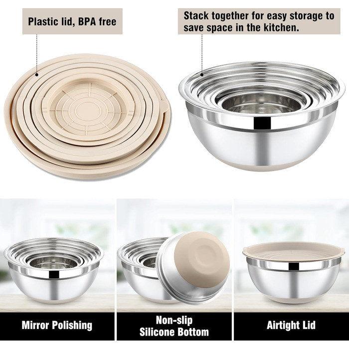 Набір місок для перемішування BEWOS 7 шт. з кришкою, нержавіюча сталь, набір місок з терткою, вкладна конструкція, колір хакі, протиковзкі дна, об'єм 0.5, 1, 1.4, 1.85, 2.35, 3.2, 4 л для змішування та подачі
