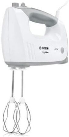 Bosch Hand Mixer ErgoMixx MFQ36470, 2 whisks, 2 stainless steel dough hooks, stainless steel mixing foot, mixing bowl, 5 speeds plus turbo setting, 450 W, white/gray