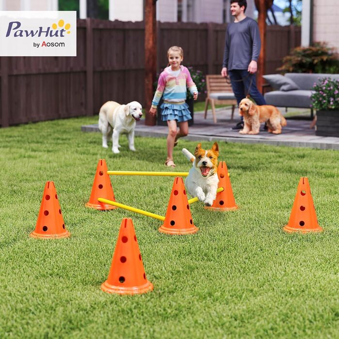 Набір для аджиліті для собак PawHut: 8 кеглів, 8 стійок, 3 перешкоди, регульована висота, з сумкою, оранжевий, багатокольоровий