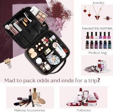 Косметичка для макіяжу та косметики, органайзер для подорожей, сумочка для косметики з ручкою та регульованими перегородками (шкірозамінник, чорний)