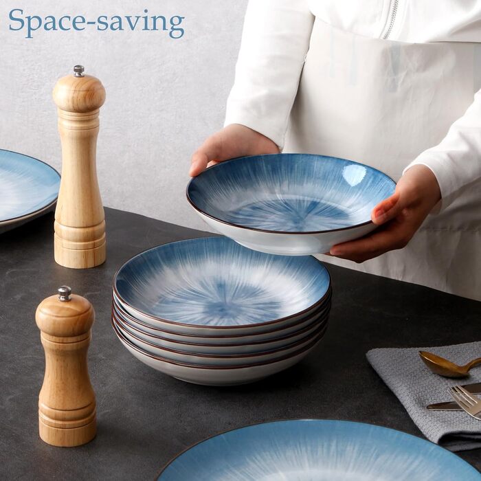 Тарілки для пасти NUTRIUPS 20.5 см, 6 шт. Керамічні тарілки для супу 500 мл, 8 дюймів, мікрохвильова та посудомийна машини, блакитні, набір