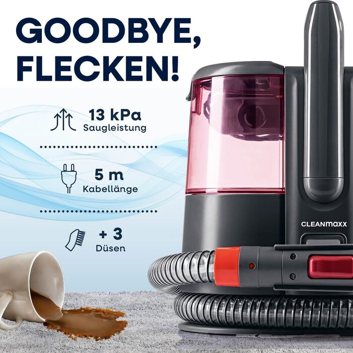 CLEANmaxx Професійний мийкий пилосос для килимів та м'яких меблів Pro Power 600W | 3 в 1: миття, чистка килимів та м'яких меблів, видалення локальних забруднень | Для килимів, авто, диванів, м'яких меблів