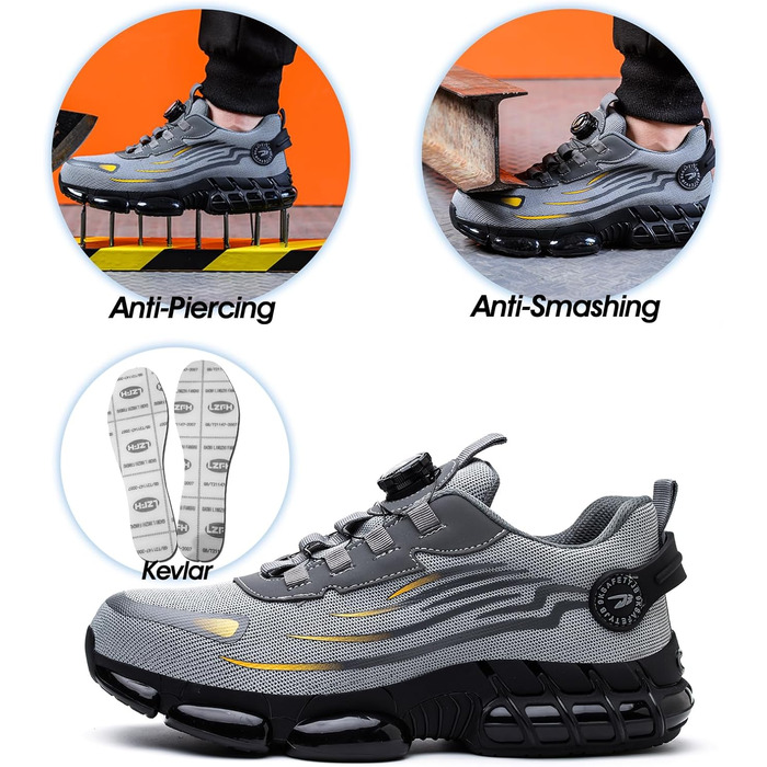 Черевики безпеки для чоловіків та жінок. Спортивні, дихаючі, з металевим підноском, антиковзаючі. Розміри 36-46 EU, колір сірий.