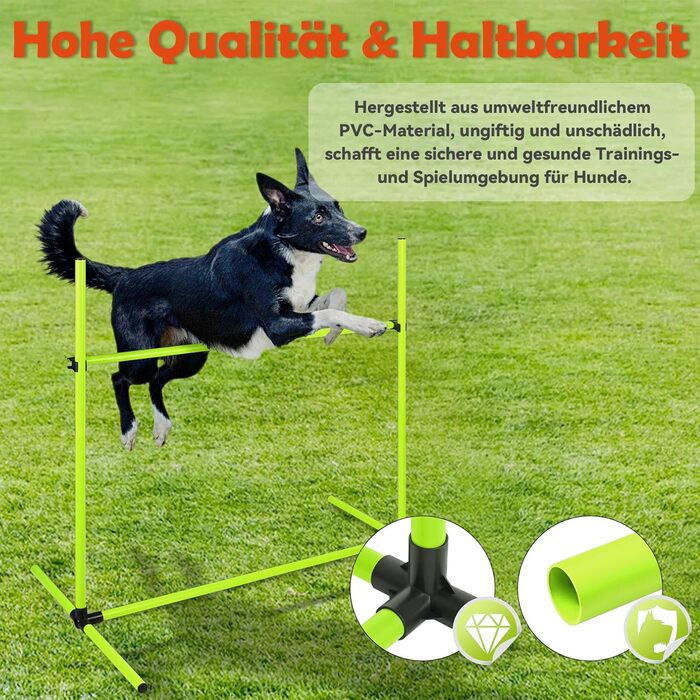 Набір для аджиліті для собак: перешкоди, стрілки для слалому, обладнання для тренувань. Регульована висота, 104x70x101 см, зелений