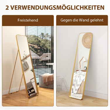 HOMCOM Full-Length Mirror 160 x 40 cm Slim Standing Mirror with Metal Frame and Shatter-Resistant Glass, Wall Mirror for Standing, Leaning, Mirror for Living Room, Bedroom, Hallway, Gold | Aosom