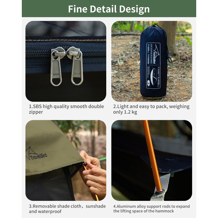 Гамак для кемпінгу 4-в-1 з москітною сіткою та знімним сонцезахистом, 290x140 см, армійний зелений