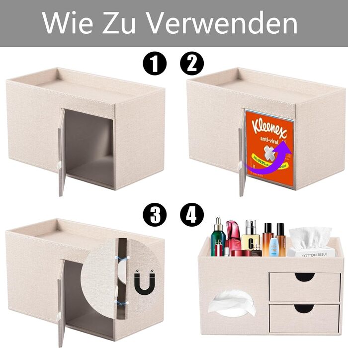Tissue Box Linen with Drawers, Square Cosmetic Tissue Box with Magnetic Closure, Tissue Box with Side Pocket for Mobile Phones, Cosmetic Brushes, Remote Controls, Office Supplies, Perfumes (Beige)
