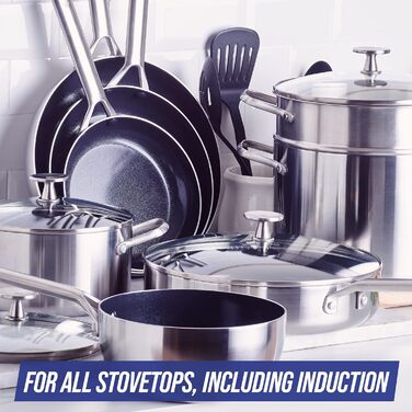 Набір посуду Blue Diamond Cookware 15 предметів: сковороди, каструлі з нержавіючої сталі з алмазним покриттям, антипригарні, індукційні, придатні для миття в посудомийній машині та духовці, без PFAS, багатошарові, срібні