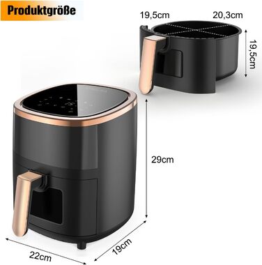 Фритюрниця повітряна 6L з 8 програмами, Rapid Air, сенсорний екран, вікно, 200°C, 1200W, для миття в посудомийній машині, без олії, гриль, випічка, запікання (Білий) (Чорний)