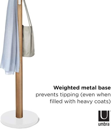 Umbra Flapper Coat Rack – Clothes Rack with 9 Drop-Down Hooks for Entryway and Office, Wood, White, 57.2 x 57.2 x 165.1 cm, White (White/Natural, Bundle with Umbrella Stand)