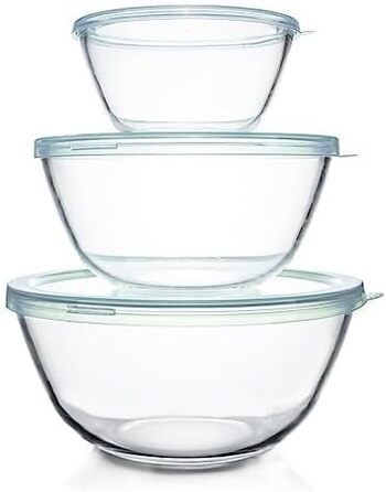 Luvan Glas Mixing Bowls with Lids 3-Piece Set (4.2 L, 2.5 L, 1 L), Large Round Salad Bowls for the Kitchen, ideal for Storing Food, Cooking, Baking, Preparing, Dishwasher Safe