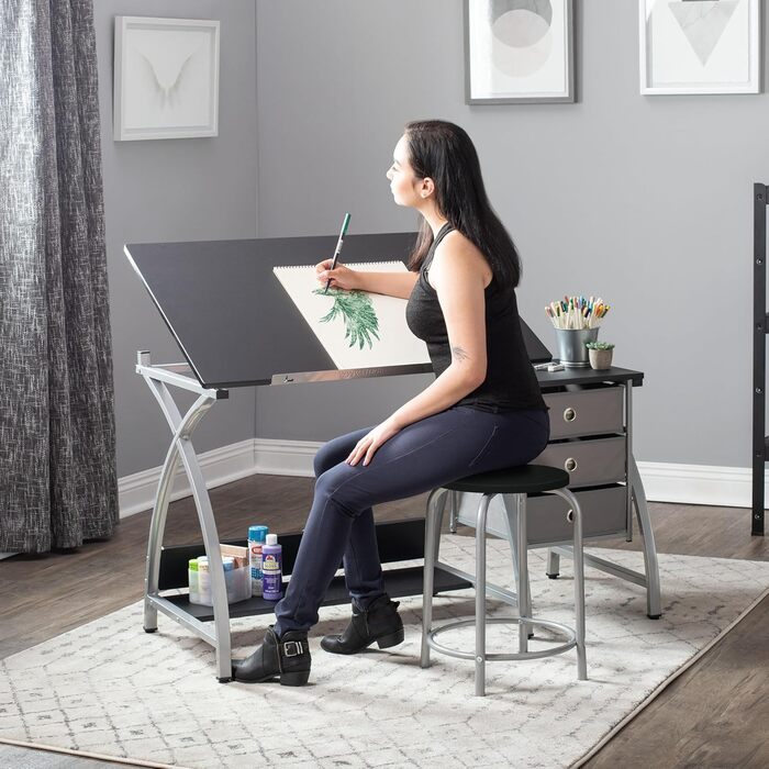 SD Studio Designs Comet Center Plus Craft Table & Stool Set with Storage - Adjustable Top - Silver/Black