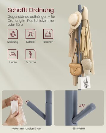 VASAGLE Coat Rack, Solid Wood Clothes Rack, Coat Stand with 8 Hooks, Tree Shape, 3 Adjustable Heights, for Coats, Jackets, Bags, for Entryway, Bedroom, Grey RCR01GY