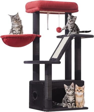Драбина для котів Taoqimiao Klein, 98 см, з будиночком, корзиною, 4 стовпчиками для шліфування та іграшками, MS029SW (Чорний + Червоний)