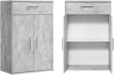 Multipurpose cabinet 60cm wide with drawers 'The Practical', small office cabinet or filing cabinet, also suitable as a shoe cabinet or storage cabinet in 60x90x34 cm (W/H/D) in White (Height 90CM, Concrete Look -92)