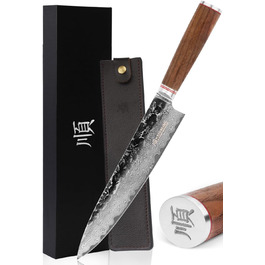 Ніж кухарський YOUSUNLONG Pro Gyuto 255 мм з дамаської сталі, ручка з натурального горіха, шкіряна піхва
