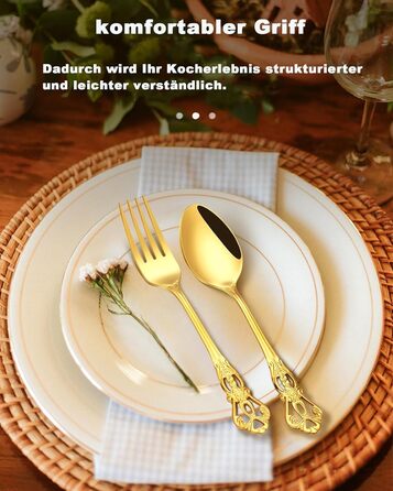 Набір столових приборів Retro Gold на 6 осіб, 24 предмети, нержавіюча сталь, античний бароковий дизайн, золотий колір
