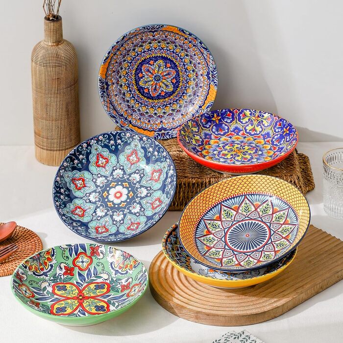 HENXFEN Набір супових тарілок з порцеляни, 700мл, 6 шт. Яскраві тарілки для супу, пасти, салату, фруктів - Богемний стиль