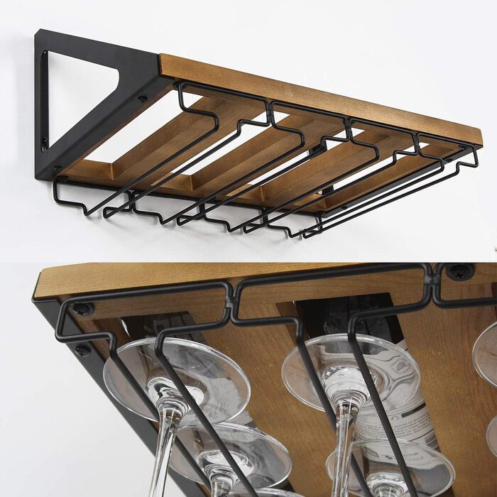 Стильна полиця для вина Jackcube MK478A з дерева в рустикальному стилі, настінна, з 4 металевими тримачами для келихів, декор для кухні, органайзер для зберігання