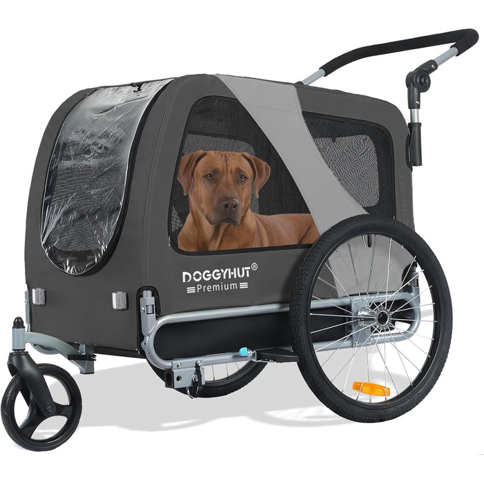DOGGYHUT® Преміум великий 2 в 1 велосипедний причіп для собак та візок-бігунка. Великий об'єм 270 літрів для середніх та великих собак до 35 кг (сірий / чорний)