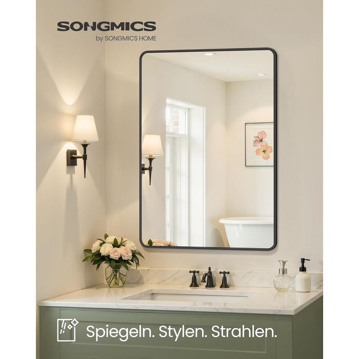 Дзеркало для ванної кімнати SONGMICS, прямокутне, з алюмінієвою рамою, 91 x 61 см, з захисною плівкою, 2 способи кріплення, для ванної, спальні та вітальні, чорний колір