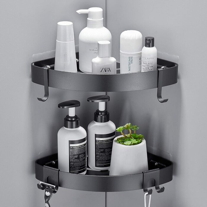 FIISAYL Shower Shelf No Drilling Shower Shelf Corner Bathroom Organizer Shower Basket, Shower Corner Shelf with 4 Hooks Space Aluminum Wall Mount Black, 2 Pack